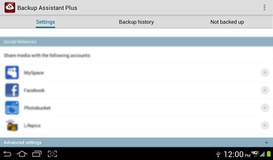 Backup Assistant Plus settings screen, Advanced settings