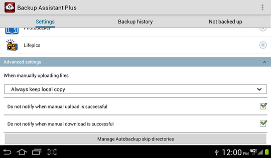 Backup Assistant Plus settings screen, Advanced settings