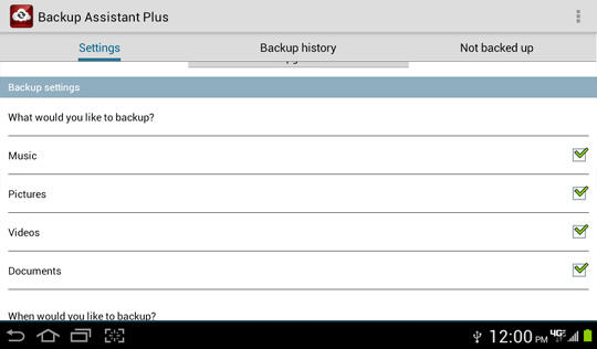 Backup Settings screen, What to backup