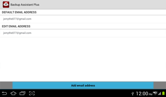 Email Settings screen, Add email address