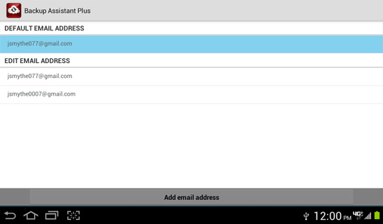 Email settings screen, Default email address
