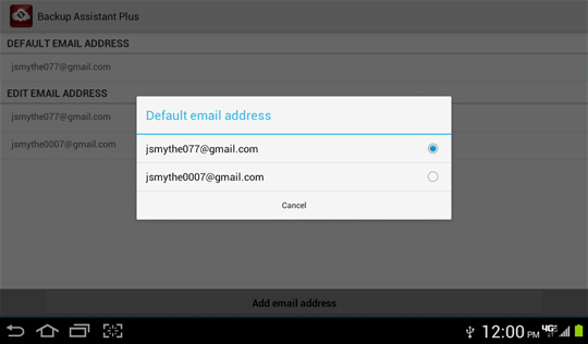 Default email address options screen