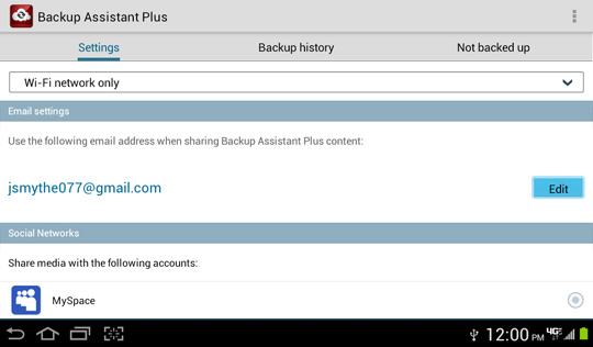 Backup Assistant Plus Settings screen, Email settings