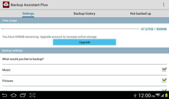 Backup Assistant Settings screen, Upgrade