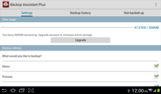 Backup Assistant Settings screen, View usage
