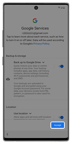 Google Services screen with emphasis on accept Google Services screen with emphasis on accept