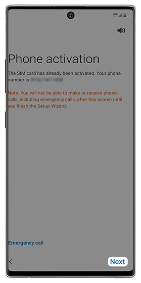 Phone activation screen with next highlighted Phone activation screen with next highlighted