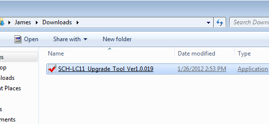Windows File Explorer Downloads folder, SCH-LC11 Upgrade Tool Ver x.x.xxx