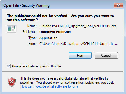Open File Security Warning screen, Run