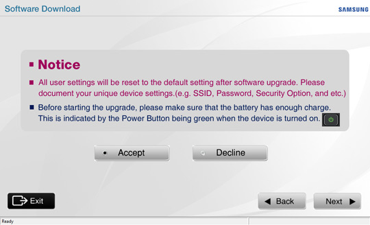 Device Settings Notice, screen, Next