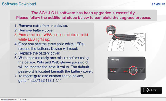 Upgrade successful screen, Exit