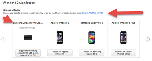 Verizon Wireless website support page