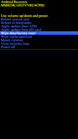 Pantalla Android system recovery con opción wipe data/factory reset