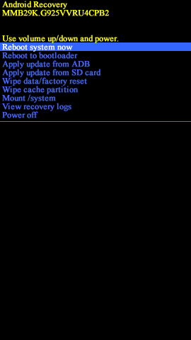 Pantalla Android system recovery con opción reboot system now