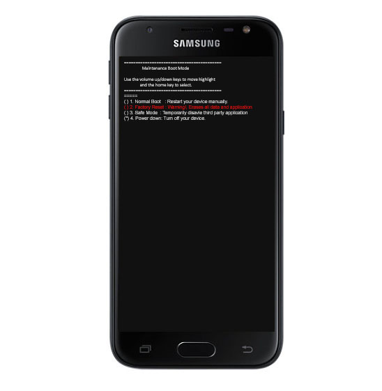 Factory reset selection screen