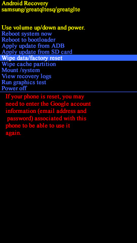 Pantalla Android system recovery con opción wipe data/factory reset