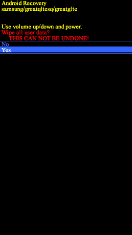 Pantalla de recuperación del sistema Android con opción Yes