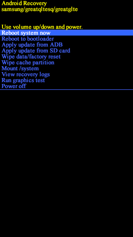 Pantalla Android system recovery con opción reboot system now