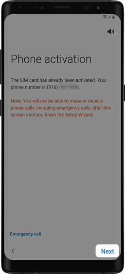 Phone activation screen with next highlighted