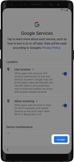 Google Services screen with emphasis on accept