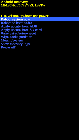 Android system recovery screen with Reboot system now