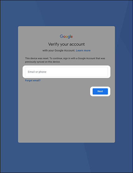 Verify Google account screen Verify Google account screen