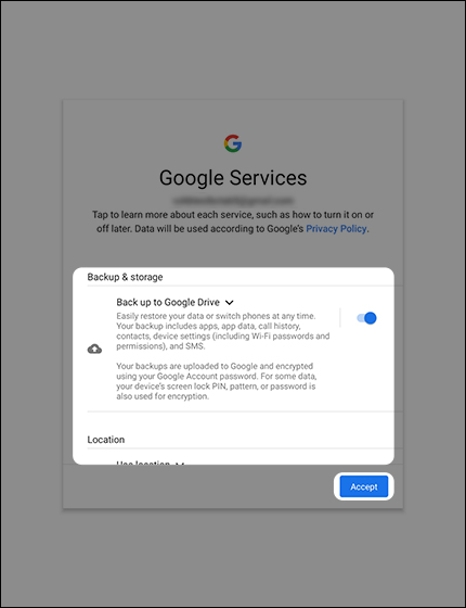 Google Services screen Google Services screen