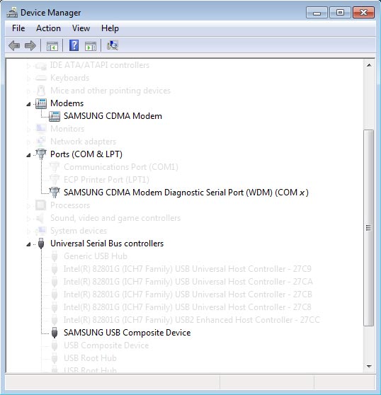 Windows Device Manager with installed devices