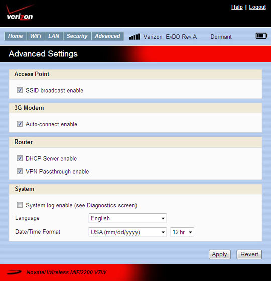 Advanced Settings Verizon Wireless MiFi 2200 Verizon Wireless