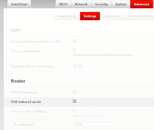 Sección Router con USB tethered mode