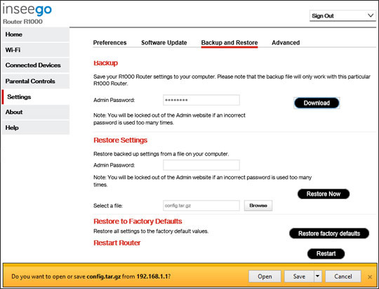 5G Home system settings Backup & Restore page