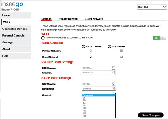 5G Home Wi-Fi settings with emphasis on channel selection