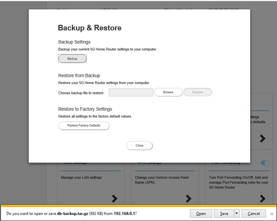 5G Home system settings Backup & Restore page