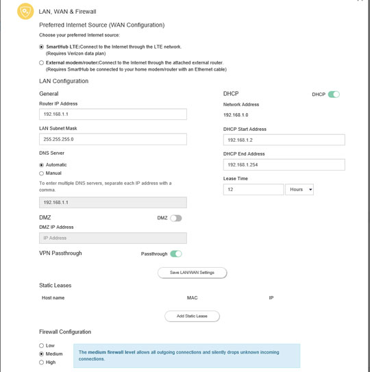 SmartHub Lan and Firewall screen
