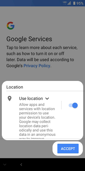 Google Services screen Google Services screen