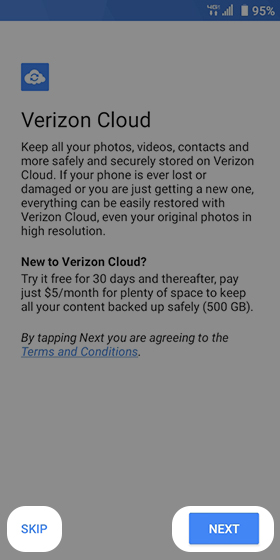 Verizon Cloud setup screen Verizon Cloud setup screen